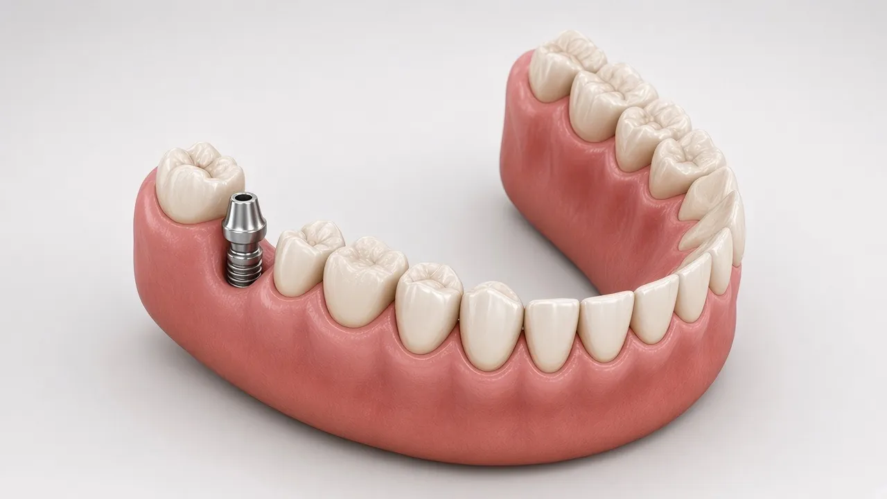 Illustration of the arch part-way through treatment, with new crowns on some teeth and an implant in the gap.