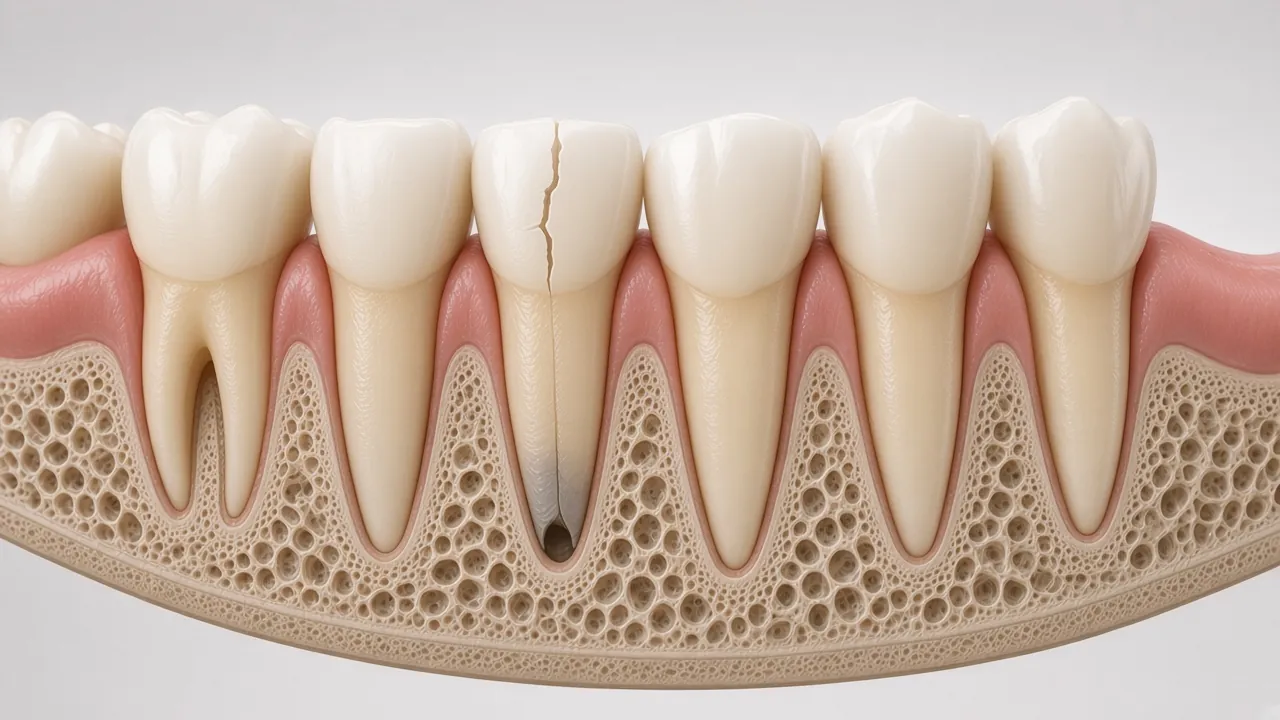 Cross-section illustration of a cracked lower front tooth between healthy neighbouring teeth.