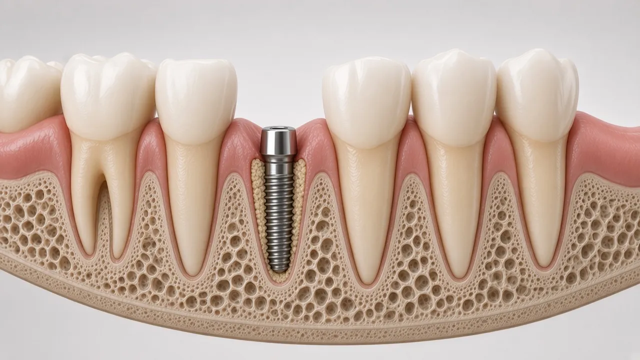 Cross-section illustration of an implant with a healing cap placed in the fresh socket.