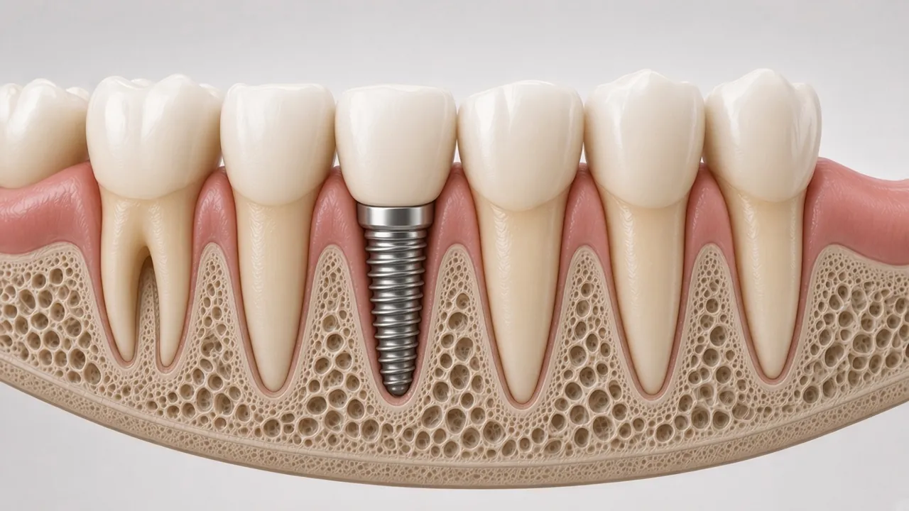Cross-section illustration of a finished implant crown among natural lower front teeth.