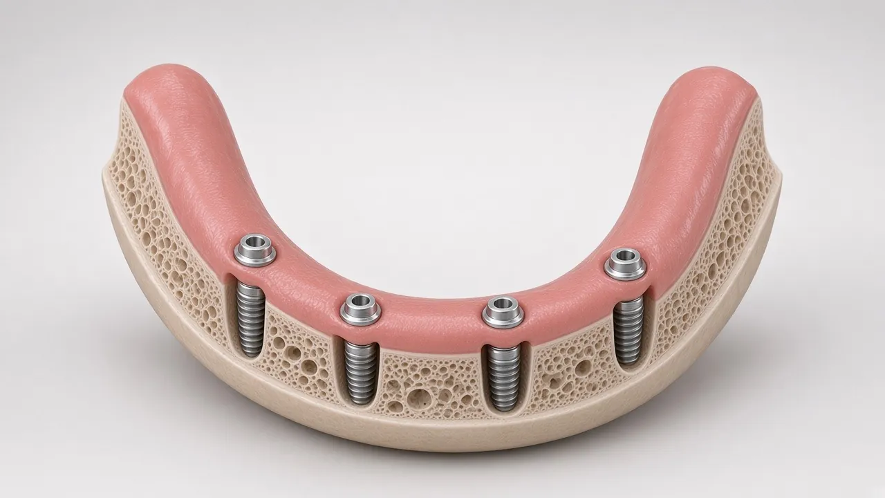 Illustration of a lower jaw with titanium implants placed in the bone, their tops level with the gum.