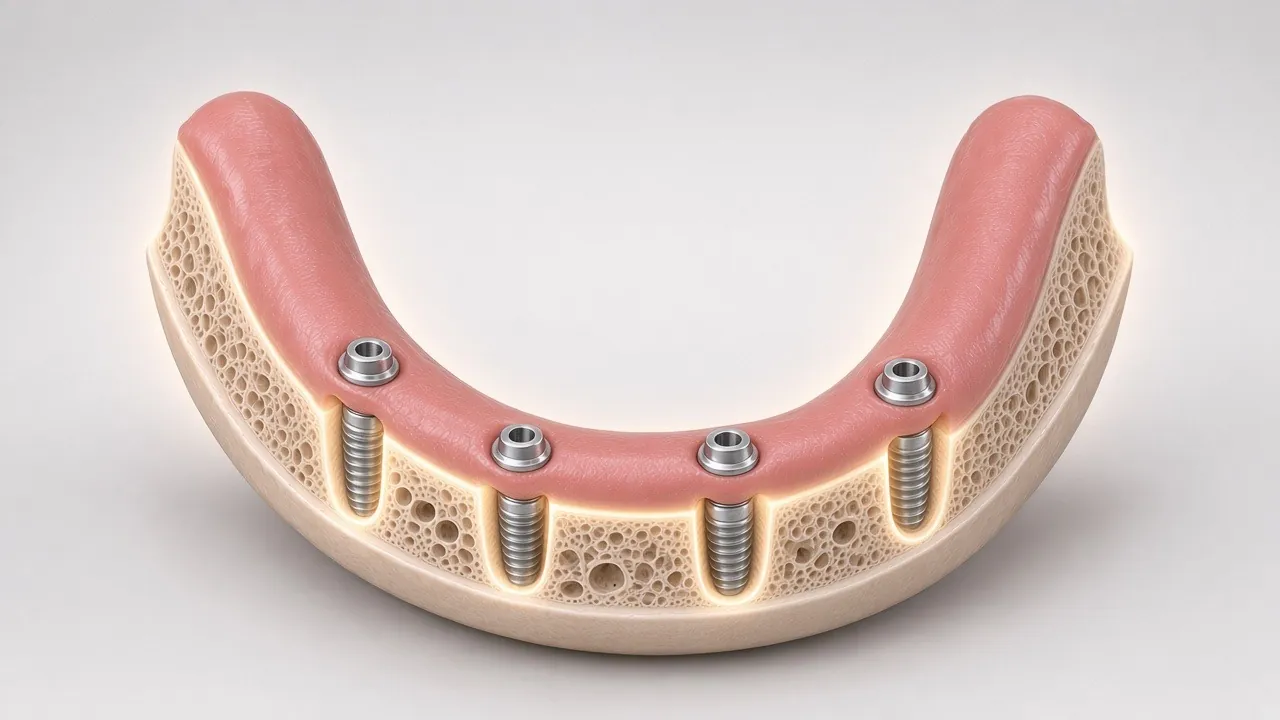 Cross-section illustration showing bone closely surrounding a titanium implant.