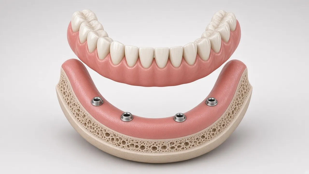 Illustration of a full denture positioned over the implants, ready to clip on.