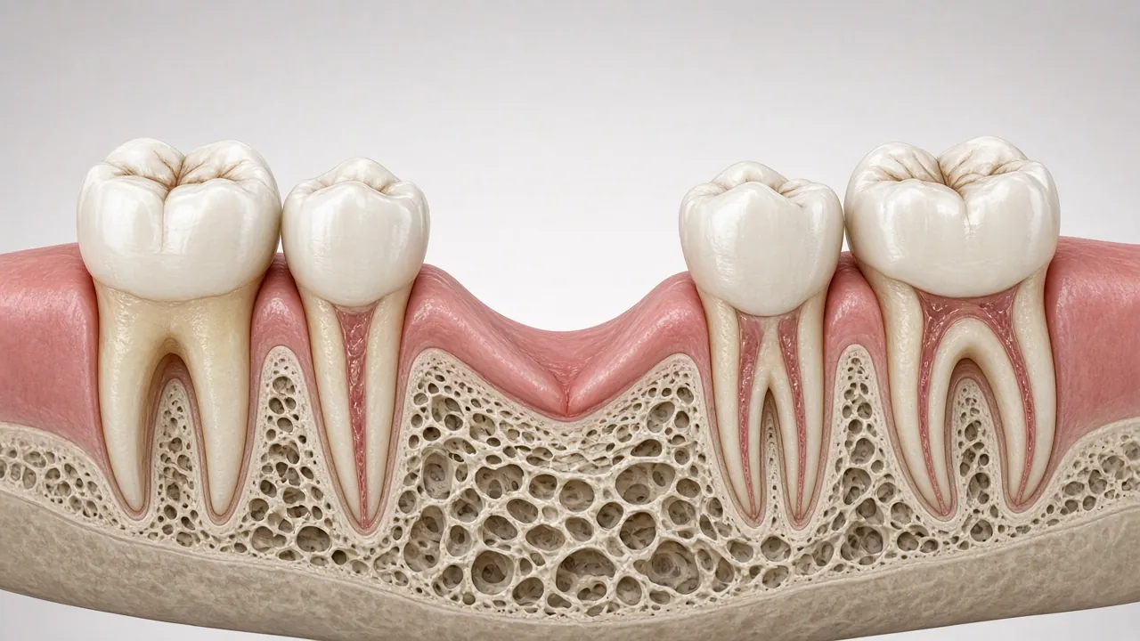 Cross-section illustration of a lower jaw with a gap where a back tooth is missing, natural teeth either side.