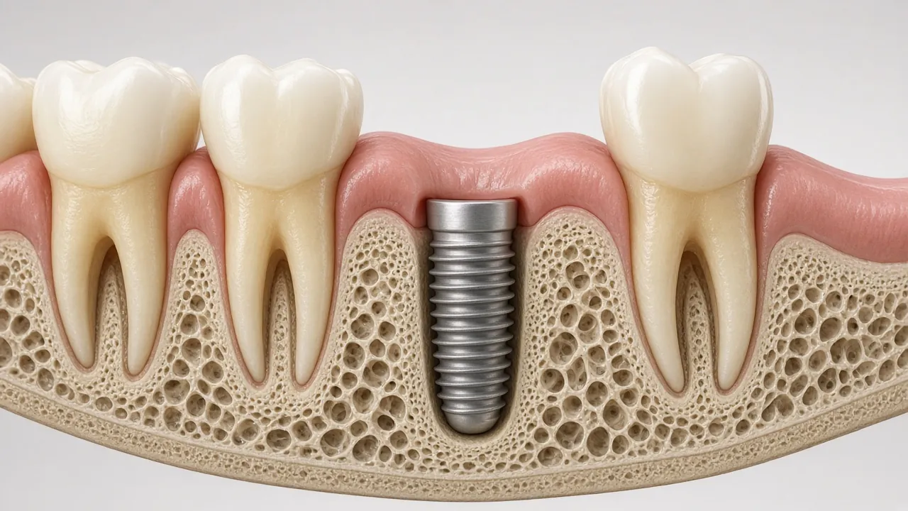 Cross-section illustration of a threaded titanium implant post sitting in the jawbone under the gum, between natural teeth.