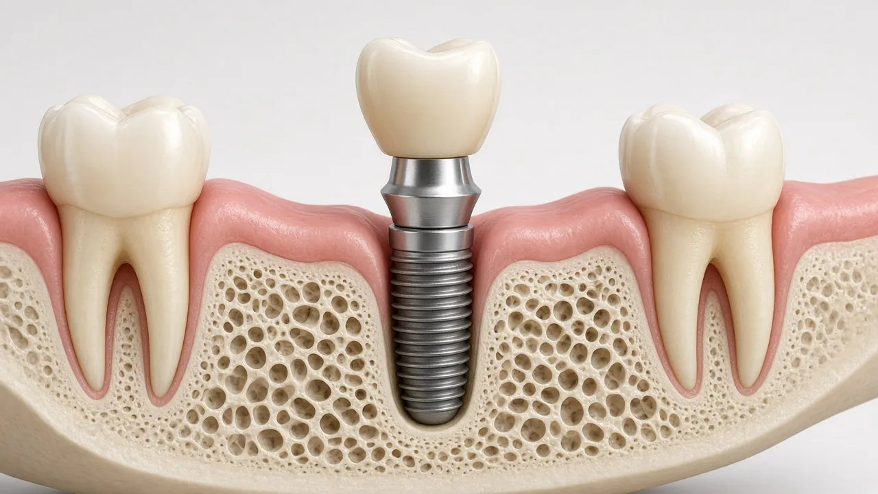 Cross-section illustration of an implant with a metal abutment attached and a matching crown positioned just above it.