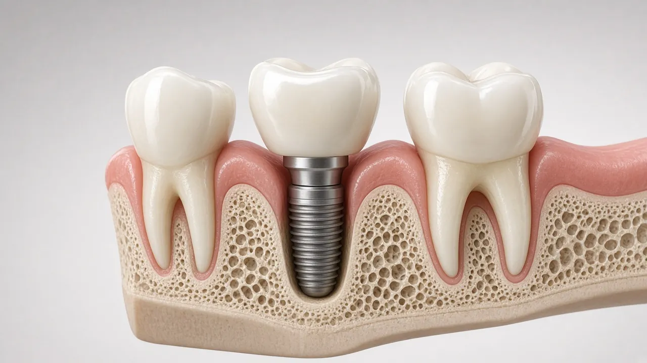 Cross-section illustration of a crown fixed on the implant abutment, sitting in line with the neighbouring natural teeth.