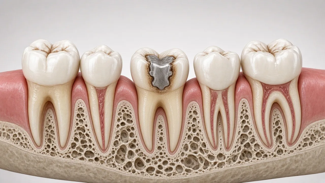 Cross-section illustration of a molar with decay and an old filling in its chewing surface.