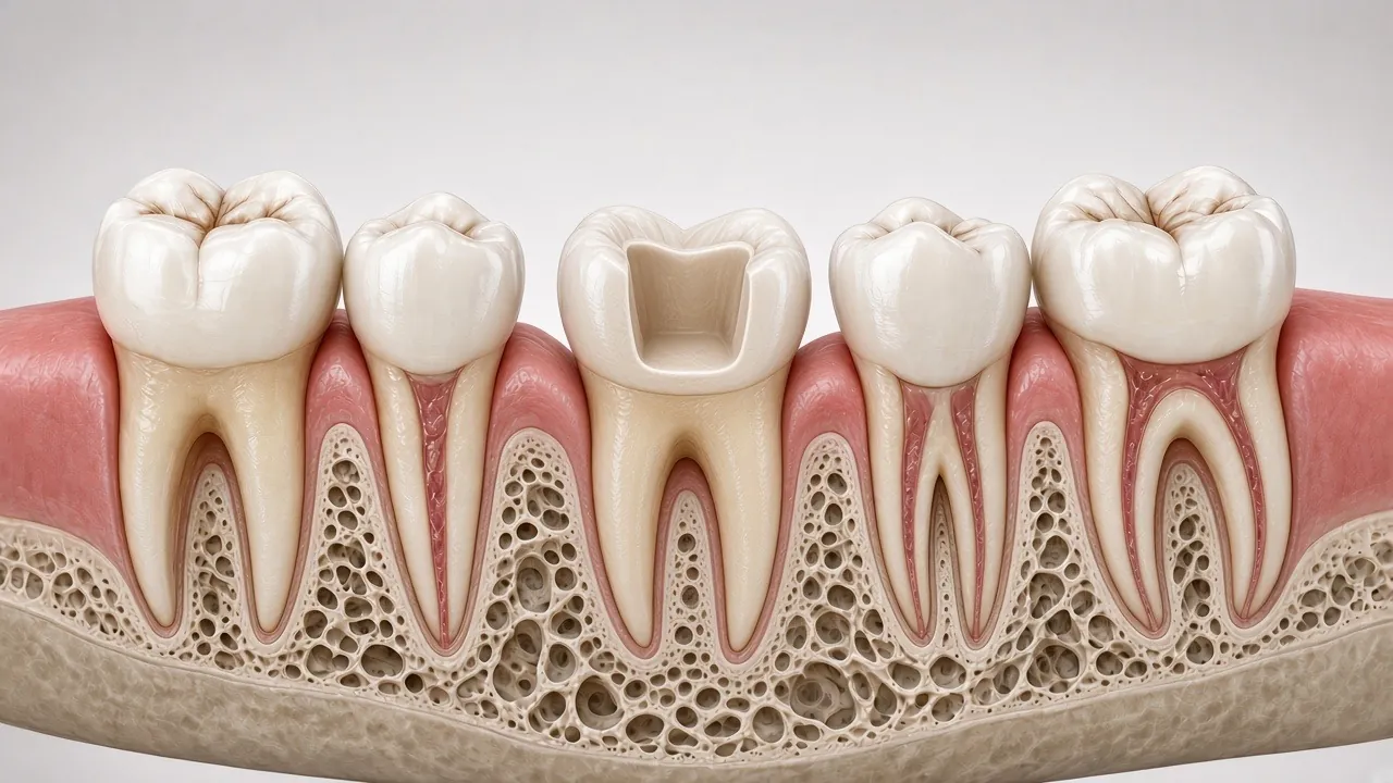 Cross-section illustration of the molar with a clean, box-shaped space prepared in the chewing surface.
