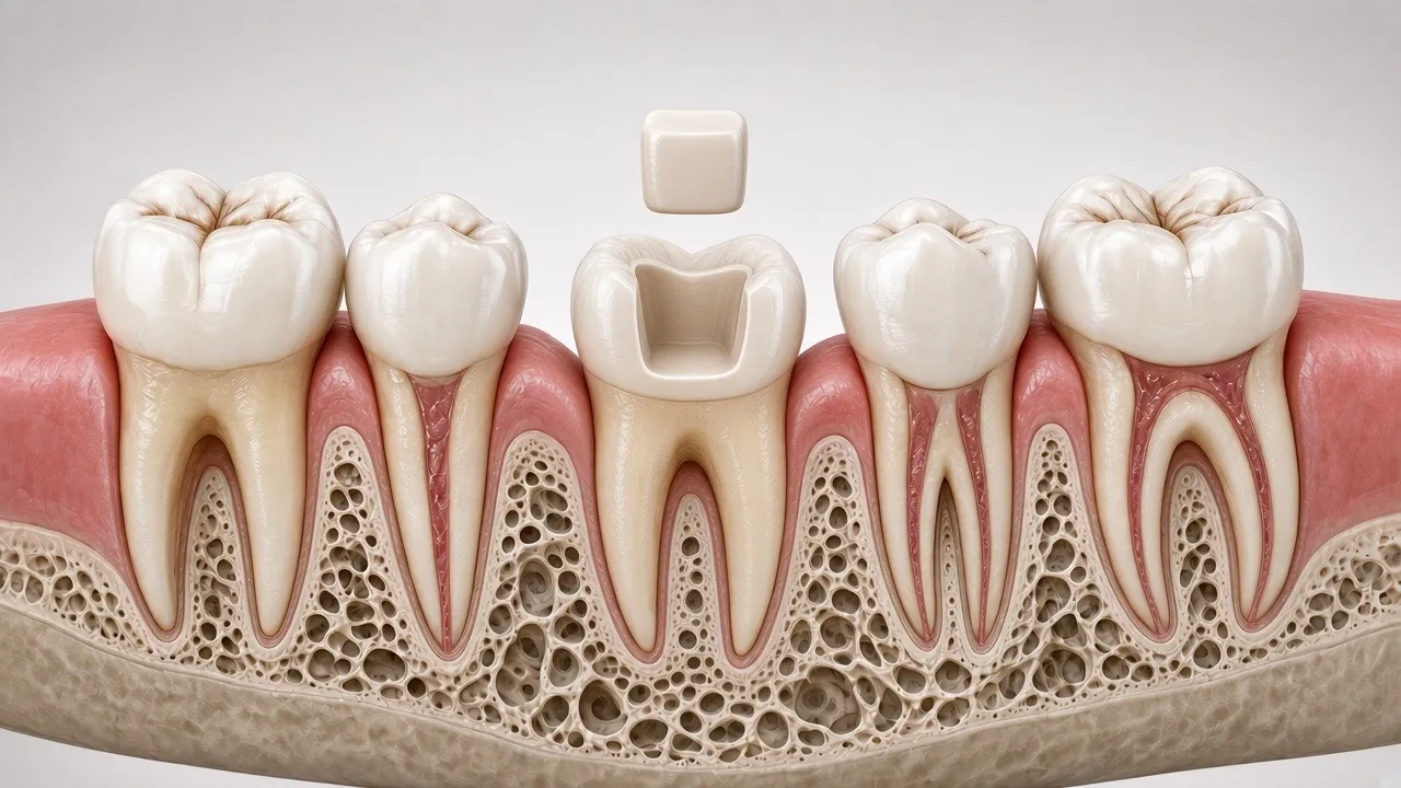Illustration of a tooth-coloured ceramic inlay positioned just above the prepared tooth.