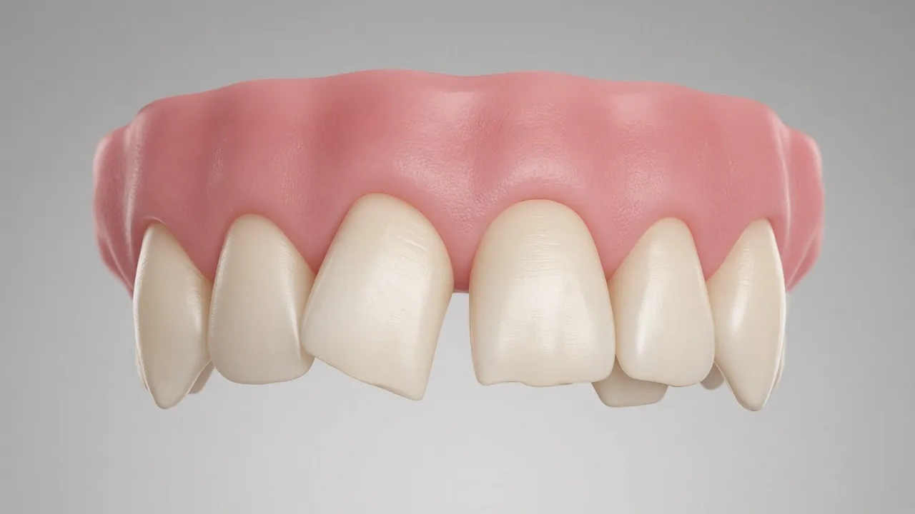 Front-view illustration of upper front teeth that are crowded and overlapping.