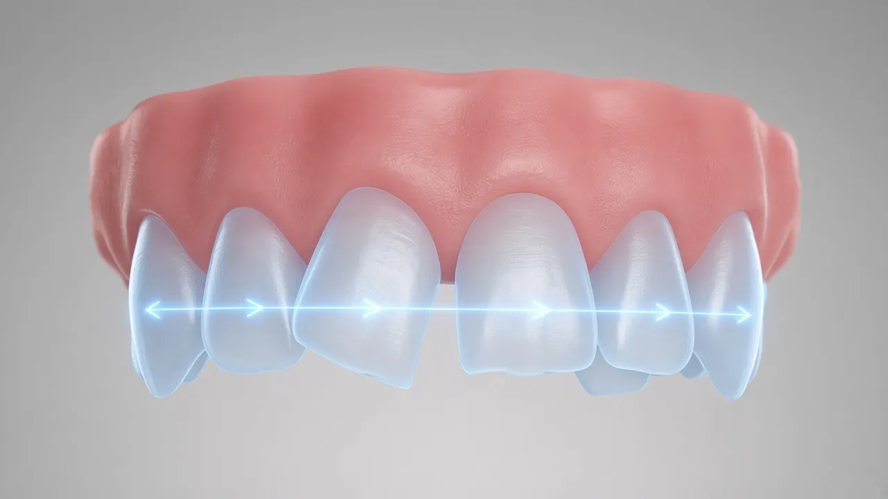 Illustration of a 3D digital model of the teeth with faint guide lines showing planned movements.