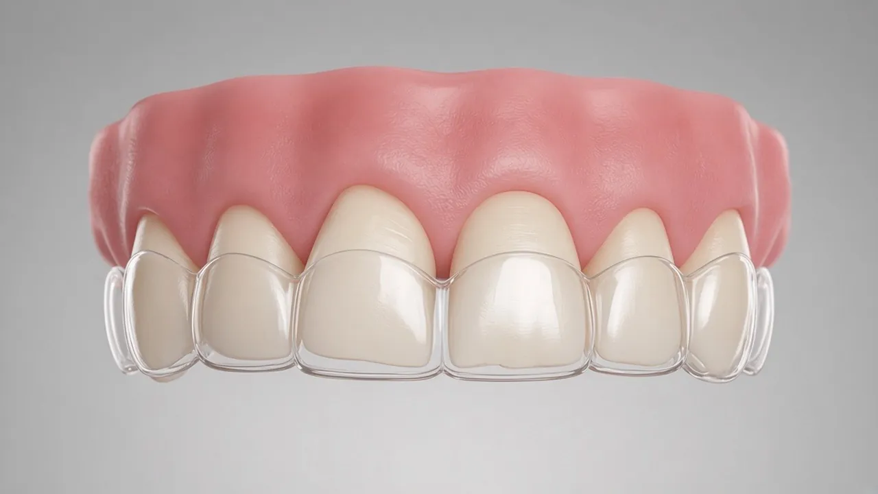 Illustration of a thin clear aligner fitted over the crowded teeth.