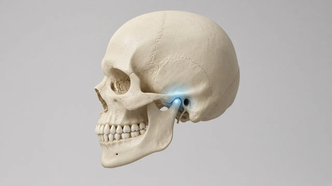Illustration of a skull side view showing the jaw joint in front of the ear.