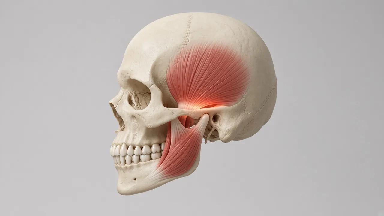 Illustration of tense chewing muscles over the jaw.