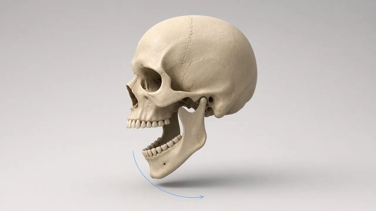 Illustration of a skull with the jaw opened wide and a curved line showing its opening path.