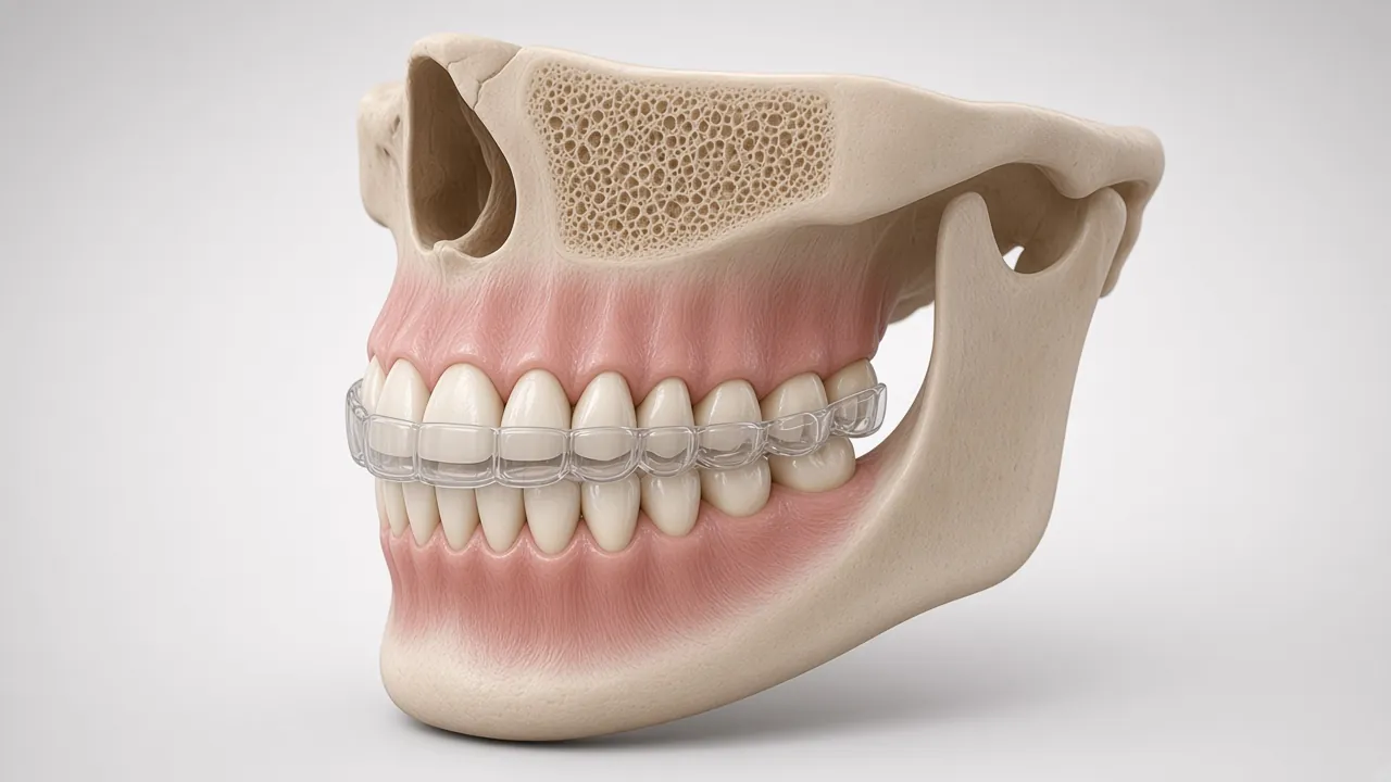 Illustration of a clear custom splint over the upper teeth.