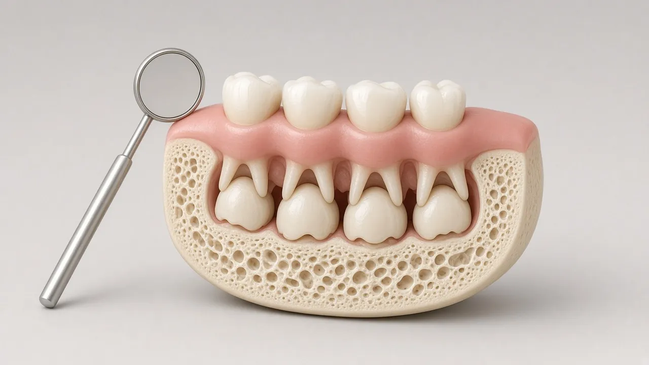 Illustration of a small dental mirror beside a child’s baby teeth.