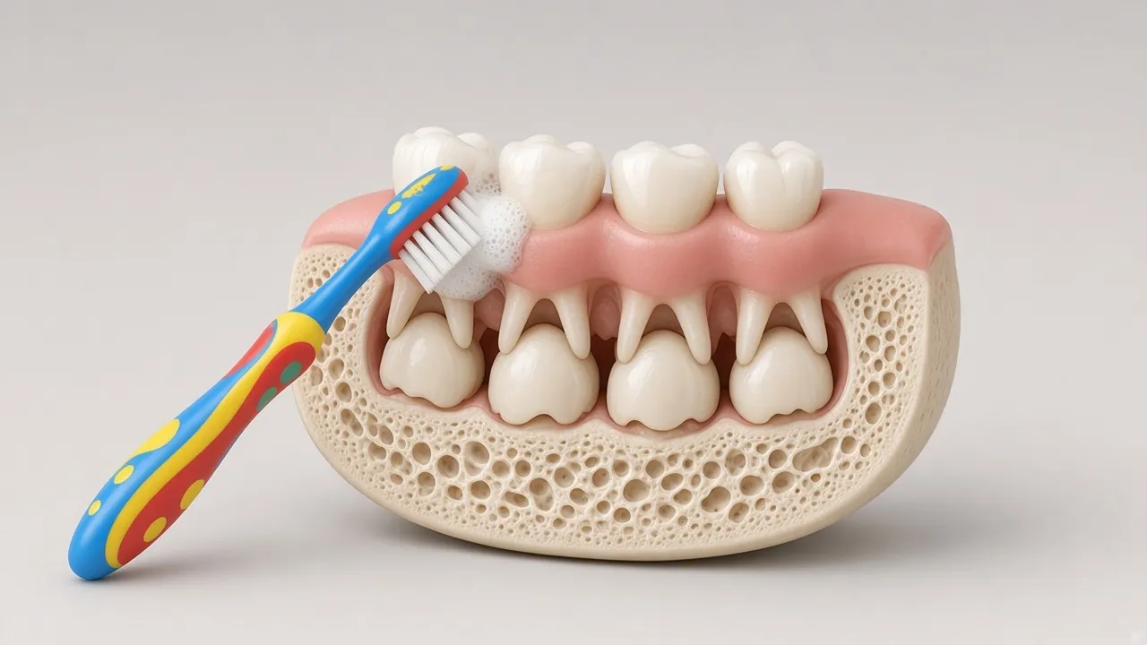 Illustration of a small soft toothbrush brushing baby teeth.