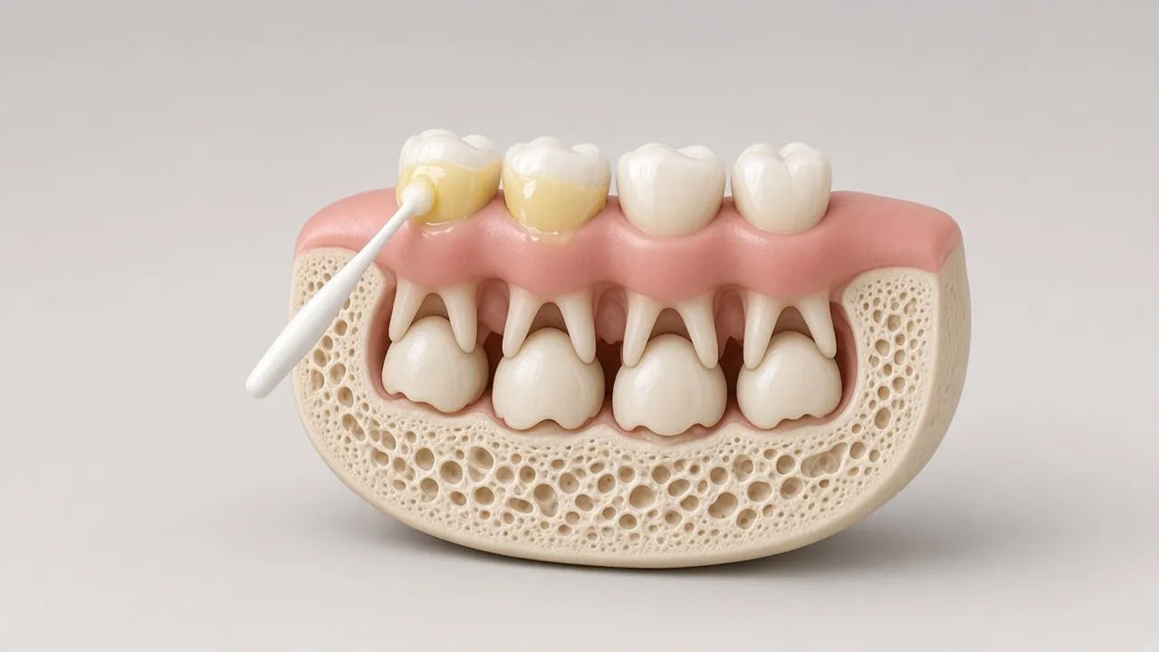 Illustration of a small brush painting fluoride varnish onto baby teeth.