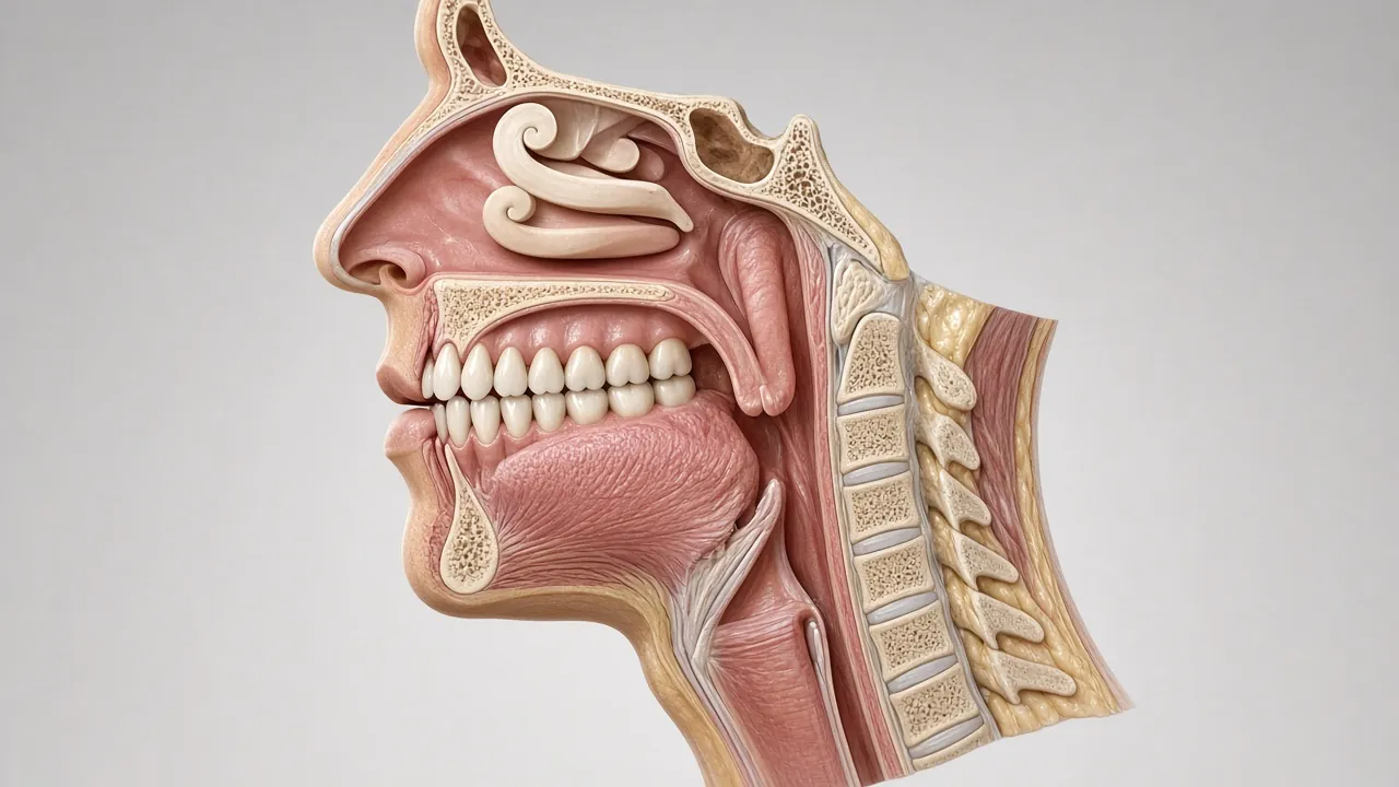 Cross-section illustration of the mouth and throat with a relaxed soft palate narrowing the airway.
