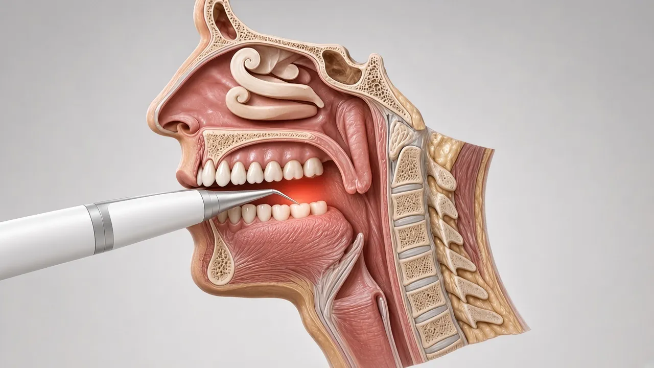 Cross-section illustration of a slim laser handpiece aimed at the soft palate.