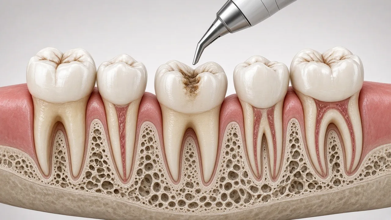 Illustration of a slim laser handpiece tip above a small area of decay on a tooth.