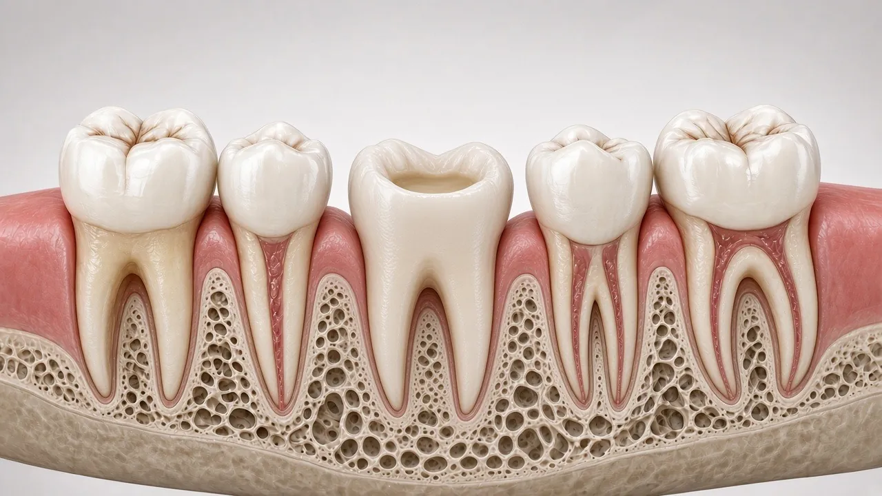 Cross-section illustration of the molar with a small clean cavity after decay removal.