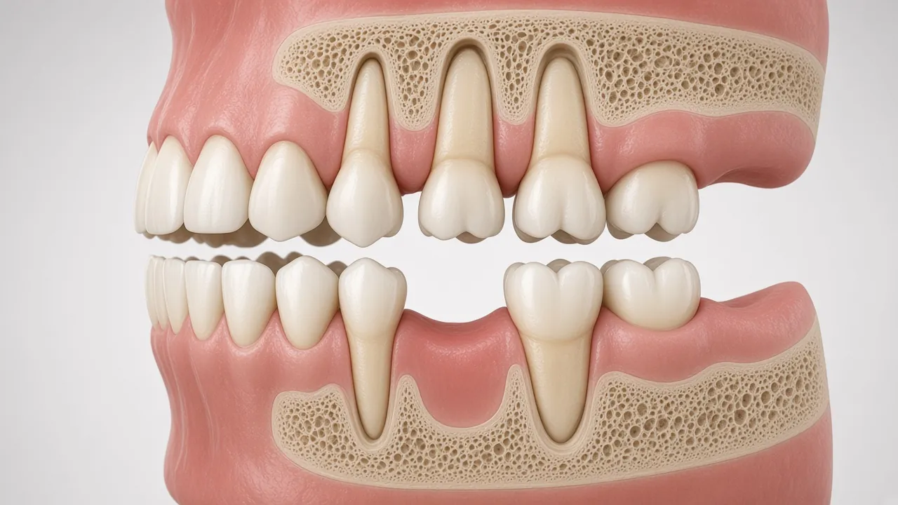 Cross-section illustration of upper and lower back teeth with one lower molar missing, leaving a single gap.