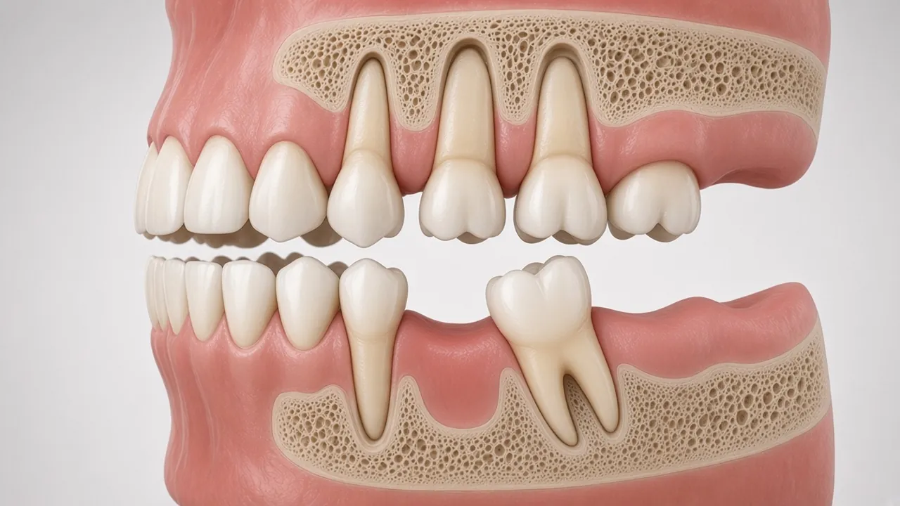Cross-section illustration showing the lower tooth behind the gap leaning into the empty space.