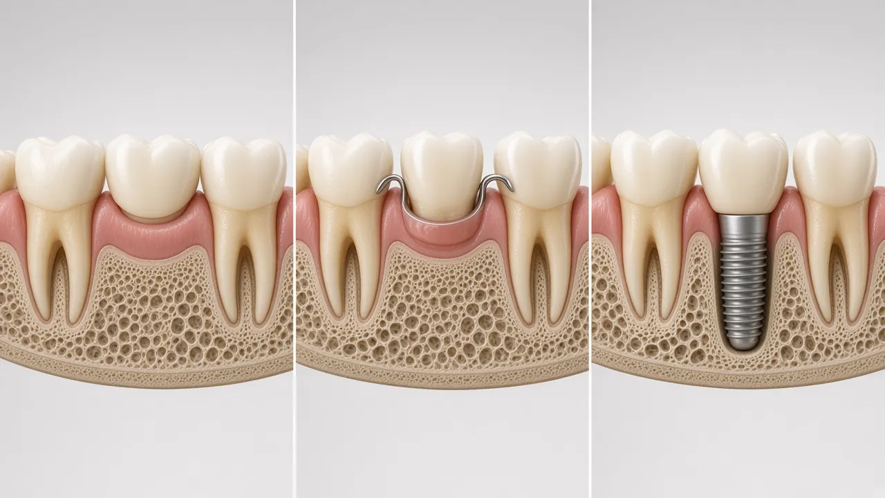 Illustration comparing a bridge, a partial denture and an implant replacing a back tooth.