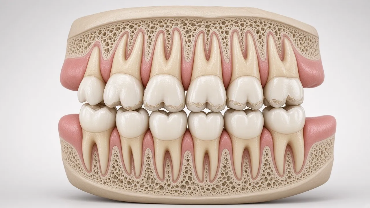 Cross-section illustration of upper and lower back teeth meeting, with flattened, worn biting surfaces.