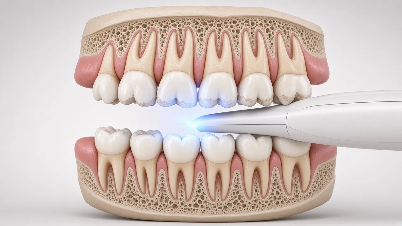 Illustration of an intraoral scanner wand held above the upper teeth.