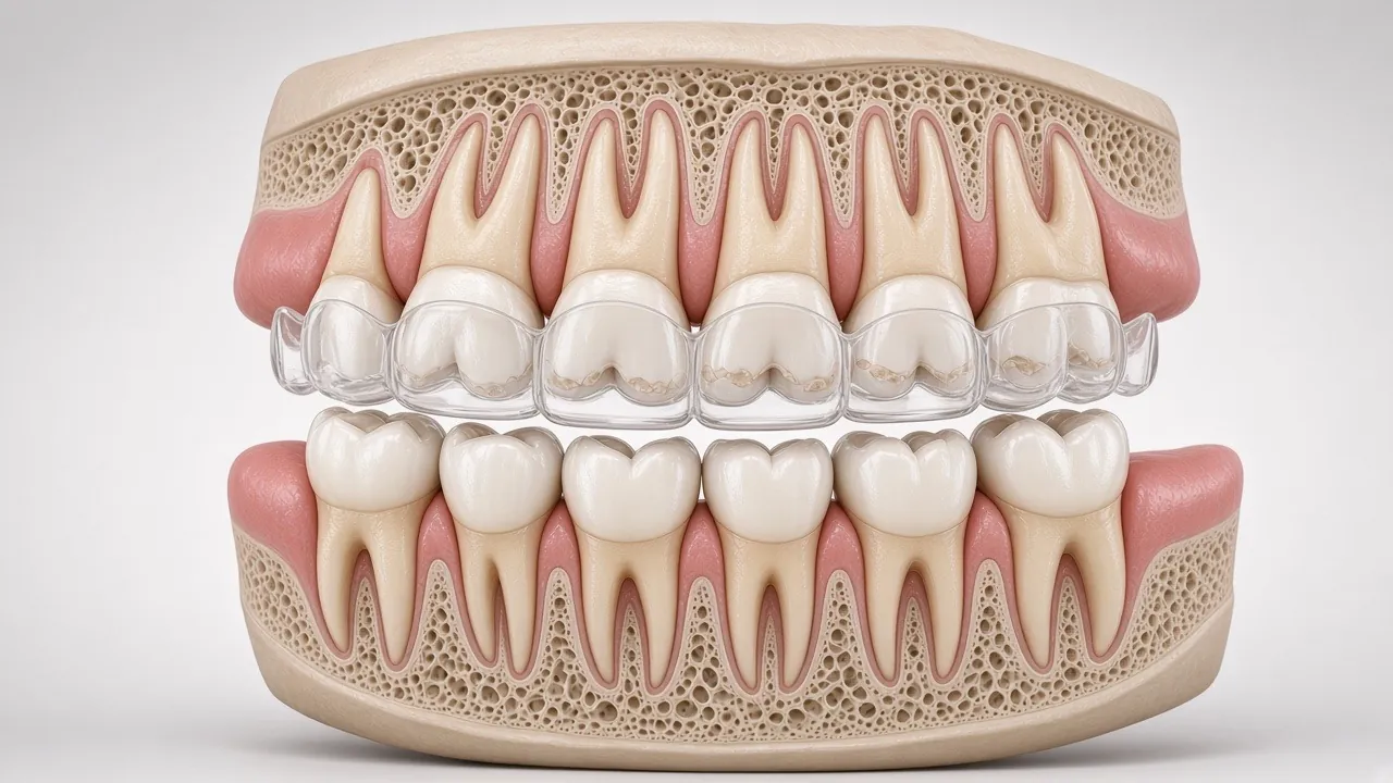 Illustration of a clear plastic night guard positioned just below the upper teeth.