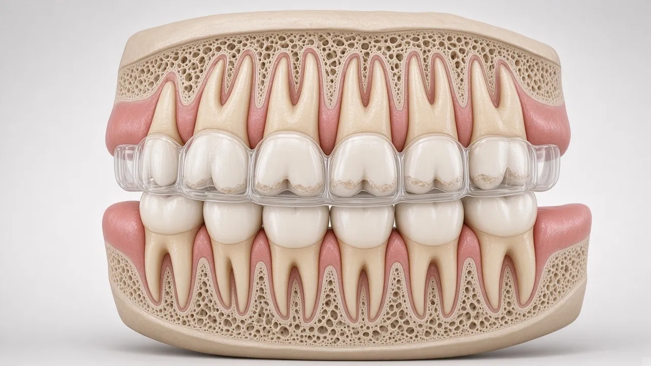 Cross-section illustration of the clear guard worn over the upper teeth, between upper and lower teeth.