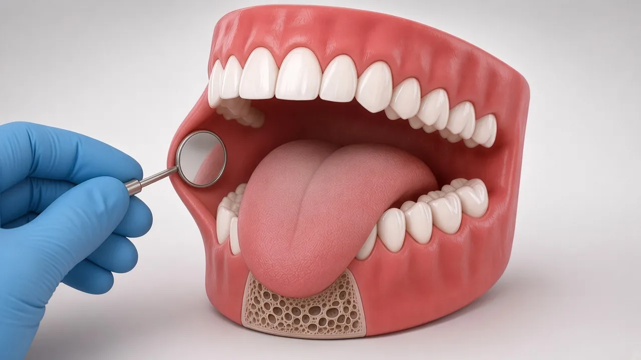 Illustration of a dental mirror holding the cheek aside to view the inside of the mouth.