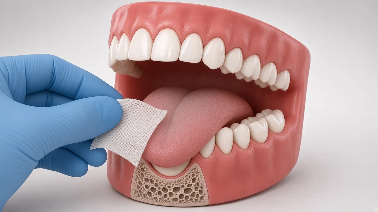 Illustration of gauze holding the tongue to one side to view its edge.