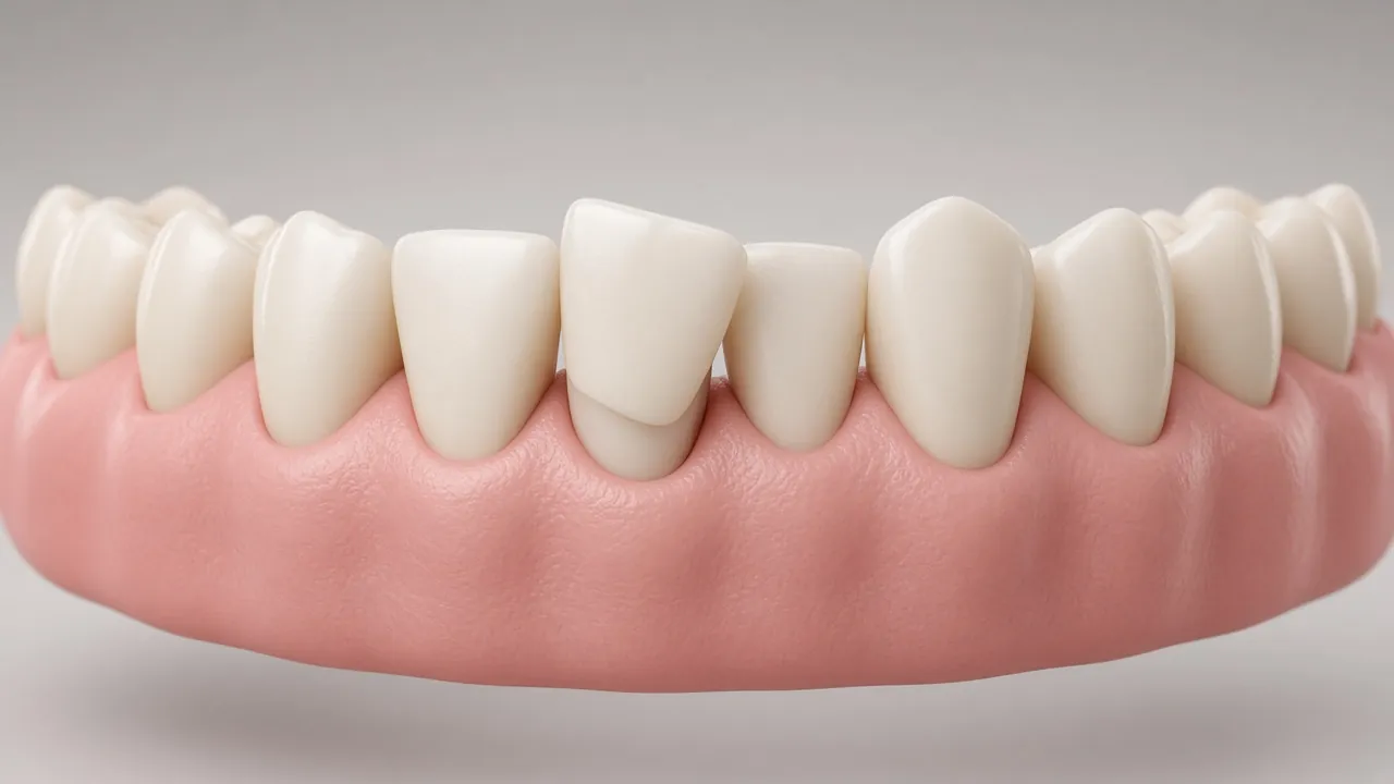Illustration of lower front teeth with one tooth starting to tip over its neighbour.