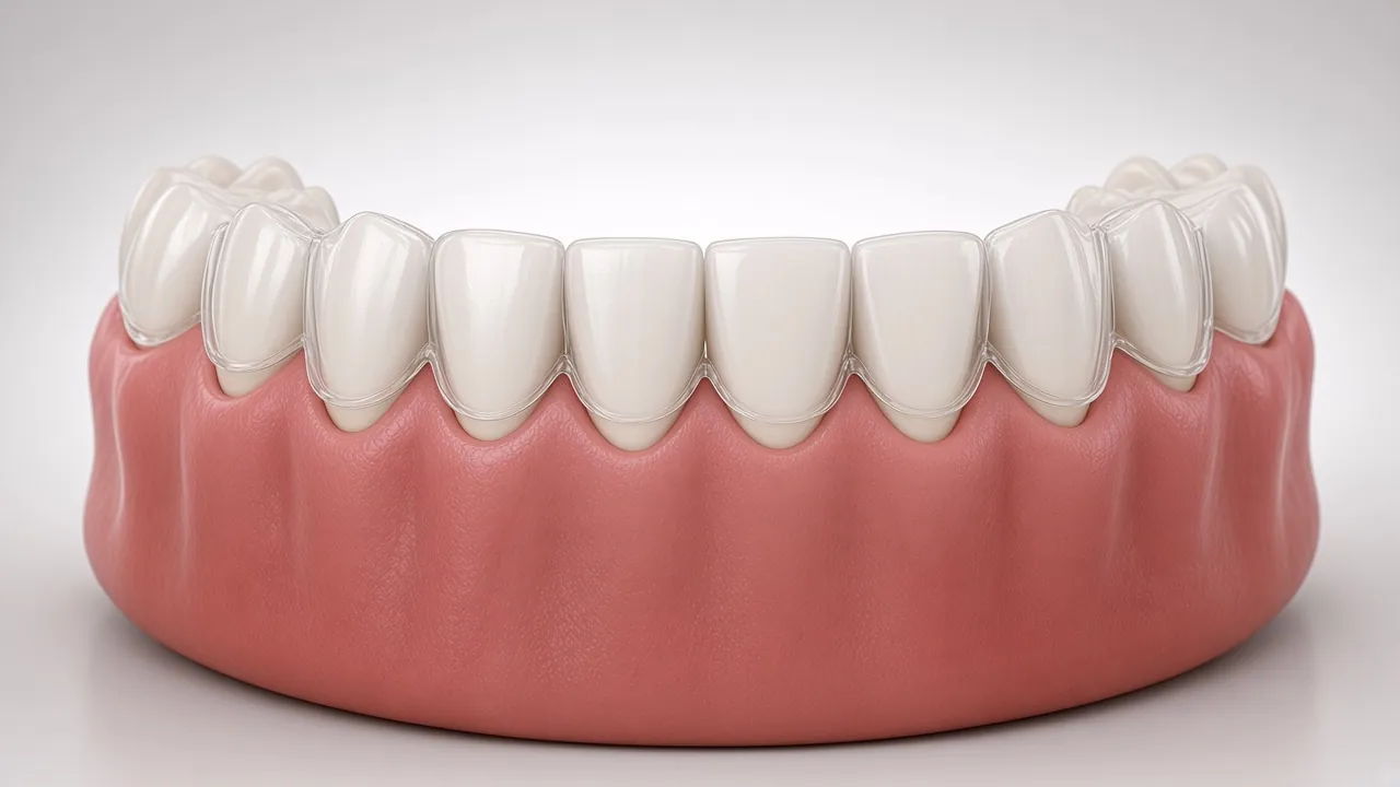 Illustration of a clear retainer fitted over the teeth.