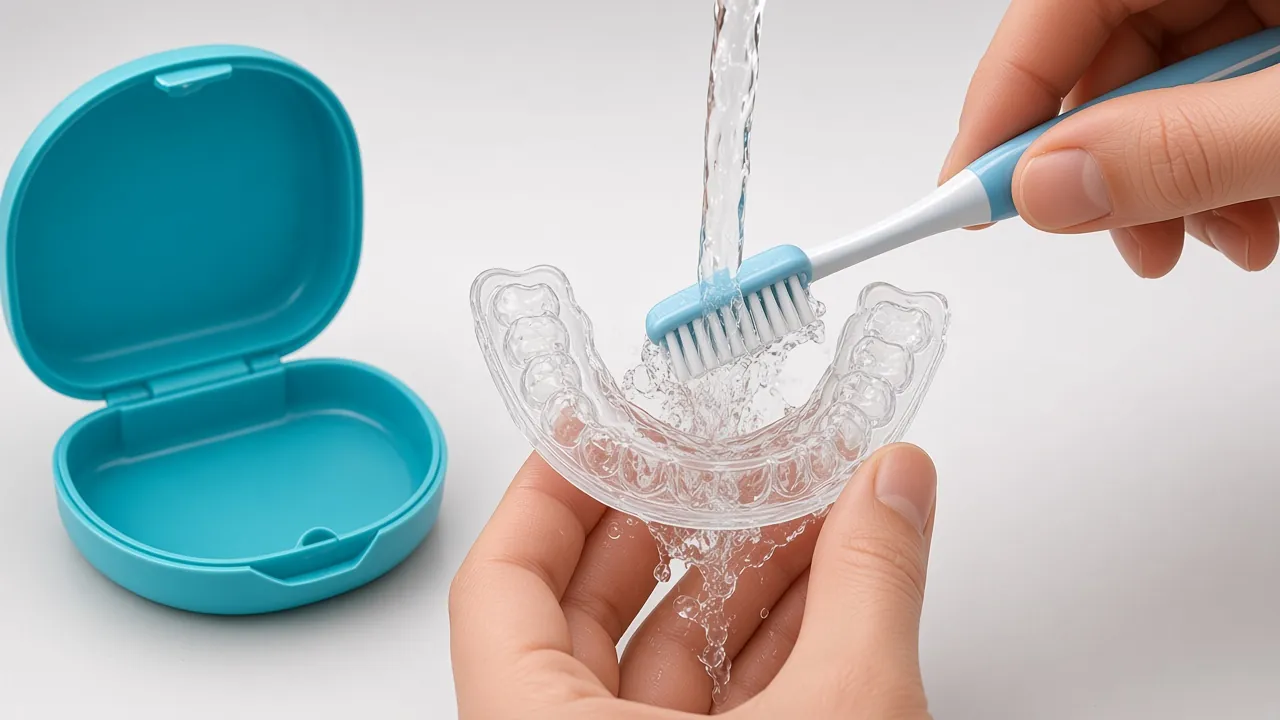 Illustration of a clear retainer being brushed and a retainer case.