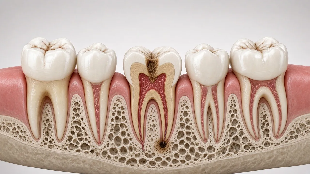 Cross-section illustration of a molar with deep decay reaching red, inflamed pulp and a dark area at a root tip.