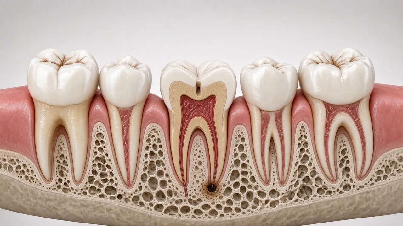 Cross-section illustration of the molar with a small access opening made through the top into the pulp chamber.