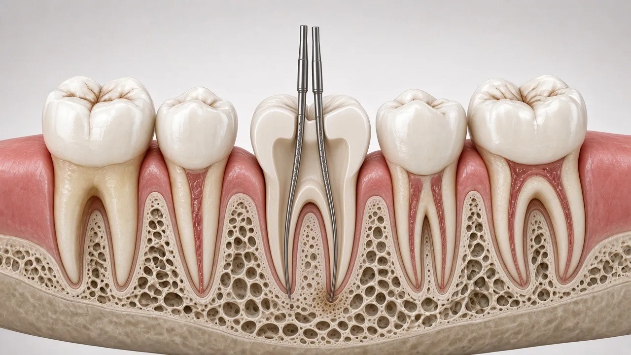 Illustration of thin root canal files cleaning the canals inside the tooth.