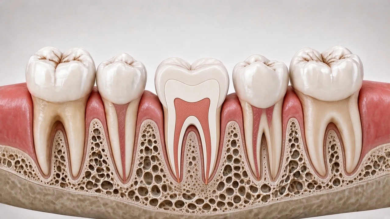 Cross-section illustration of the canals filled with pink-orange filling material to the root tips.