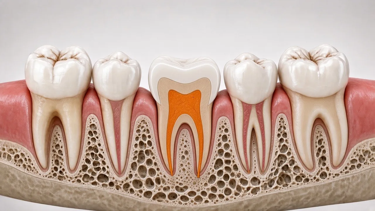 Cross-section illustration of the treated molar with a tooth-coloured crown on top.