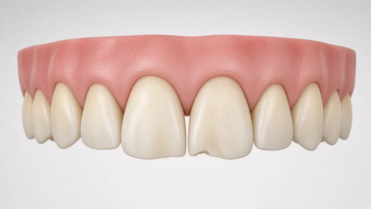 Front-view illustration of front teeth with a chip, a small gap and some staining.