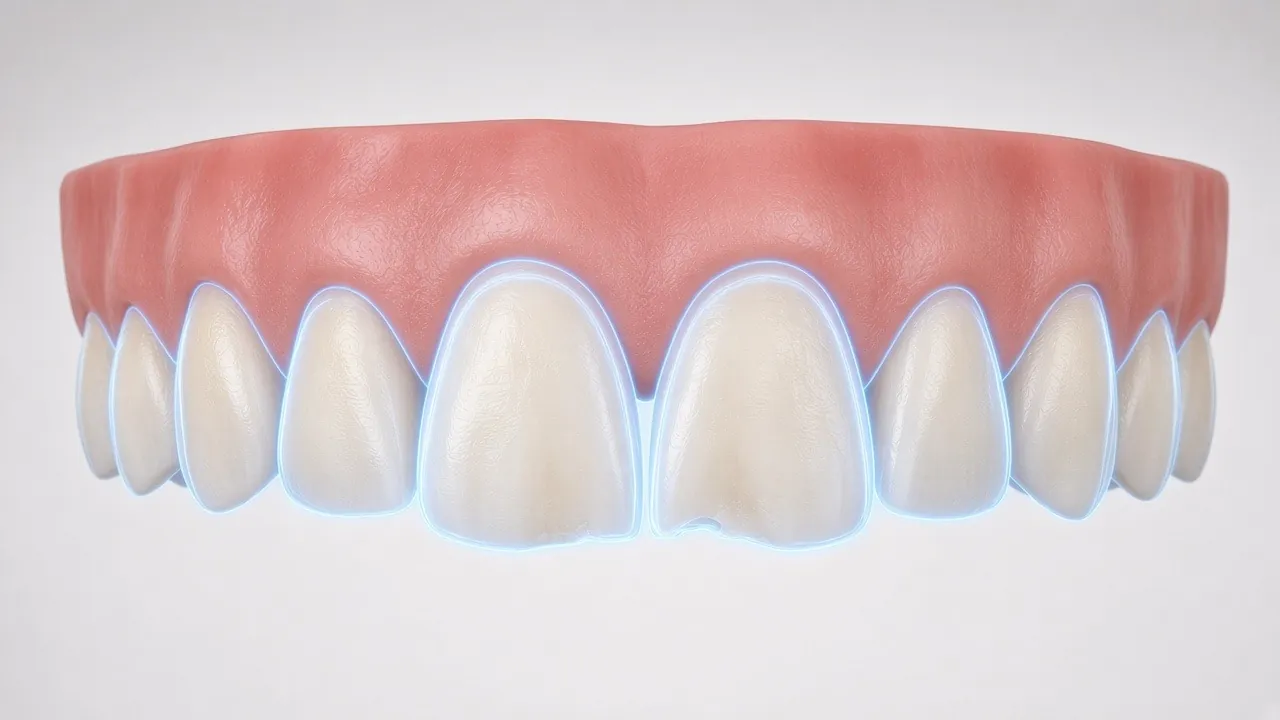 Illustration of front teeth with a translucent digital outline showing the planned shapes.