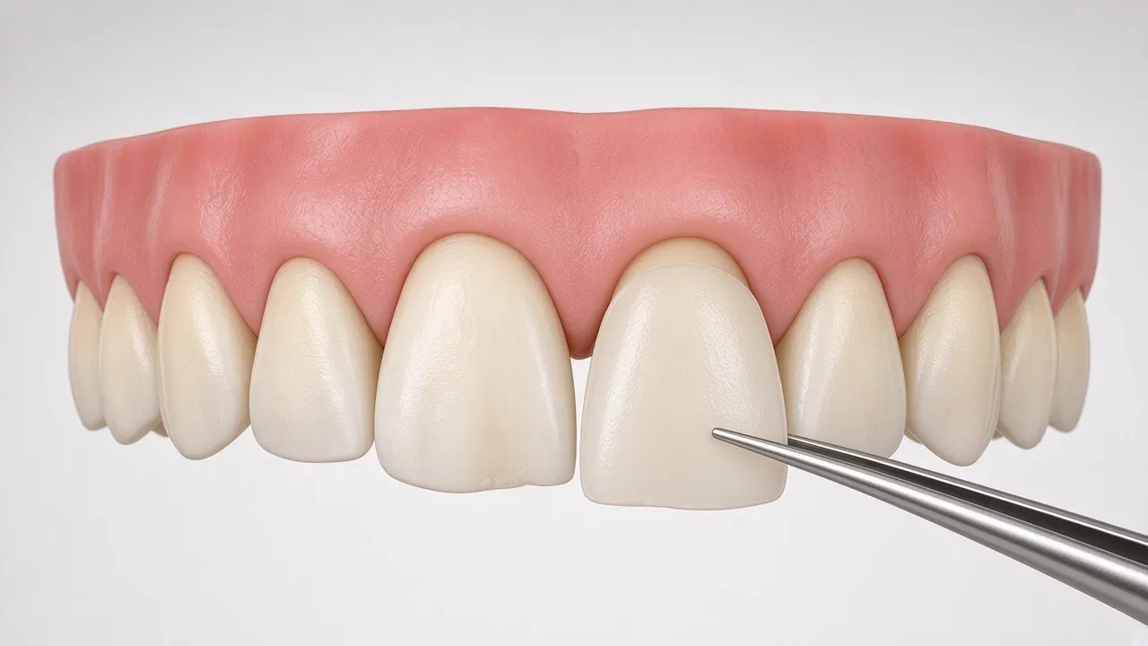 Illustration of front teeth part-way through treatment, with one veneer being placed.