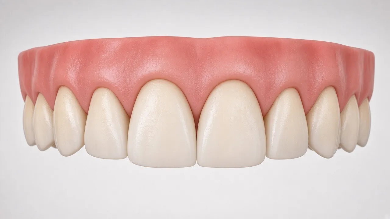 Front-view illustration of evenly shaped front teeth in a natural shade.