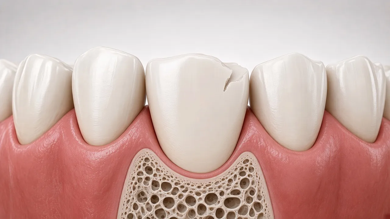 Illustration of an upper front tooth with a fracture line after an impact.